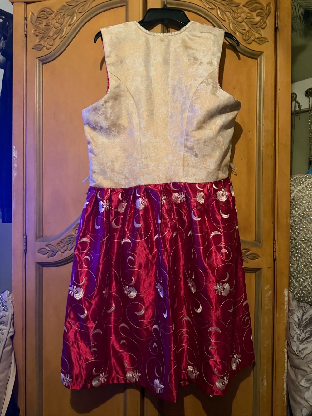 Women's Burgundy and Cream dirndl Dress with Embroidered Skirt - Picture 5 of 12